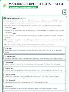 First page of PET Reading Part 2: Matching People to Texts (Set 4), B1 exam practice