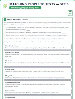 First page of PET Reading Part 2: Matching People to Texts (Set 5), B1 exam practice