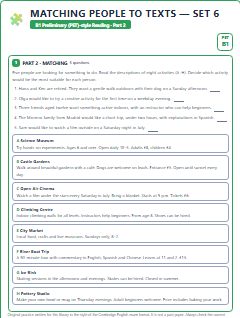 First page of PET Reading Part 2: Matching People to Texts (Set 6), B1 exam practice