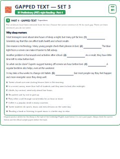 First page of PET Reading Part 4: Gapped Text (Set 3), B1 exam practice