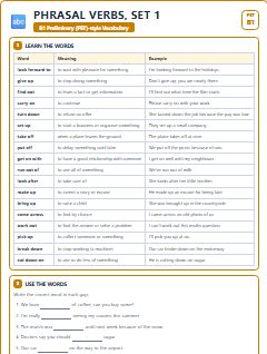 First page of PET Vocabulary: Phrasal Verbs, Set 1, B1 vocabulary list