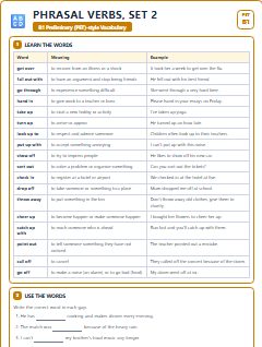 First page of PET Vocabulary: Phrasal Verbs, Set 2, B1 vocabulary list