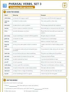 First page of PET Vocabulary: Phrasal Verbs, Set 3, B1 vocabulary list