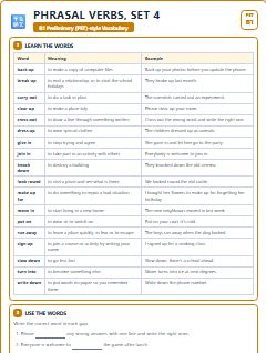 First page of PET Vocabulary: Phrasal Verbs, Set 4, B1 vocabulary list