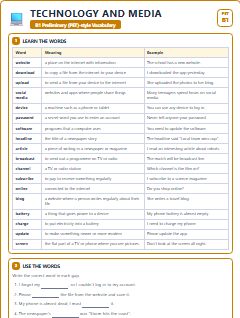 First page of PET Vocabulary: Technology and Media, B1 vocabulary list
