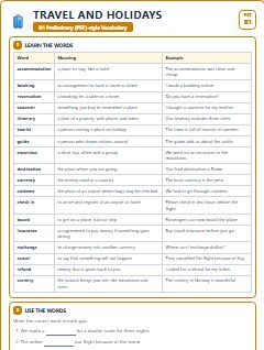 First page of PET Vocabulary: Travel and Holidays, B1 vocabulary list