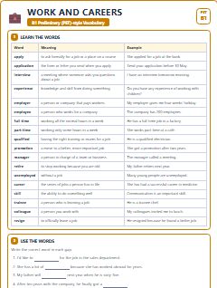 First page of PET Vocabulary: Work and Careers, B1 vocabulary list