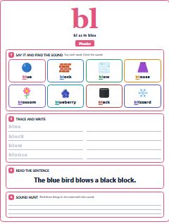 First page of Phonics: bl, Pre-A1 phonics sheet