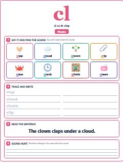 First page of Phonics: cl, Pre-A1 phonics sheet