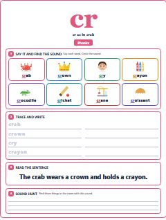 First page of Phonics: cr, Pre-A1 phonics sheet