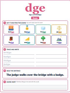 First page of Phonics: dge, Pre-A1 phonics sheet