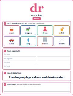 First page of Phonics: dr, Pre-A1 phonics sheet
