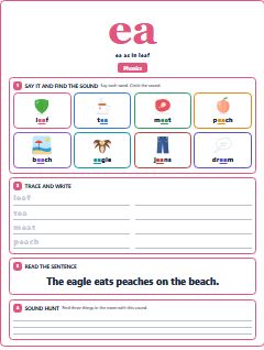First page of Phonics: ea, Pre-A1 phonics sheet