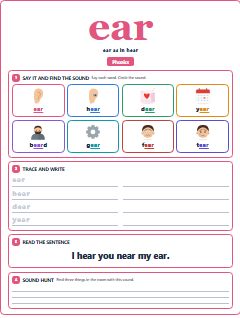First page of Phonics: ear, Pre-A1 phonics sheet
