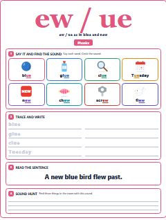 First page of Phonics: ew / ue, Pre-A1 phonics sheet