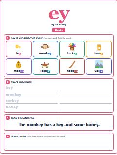 First page of Phonics: ey, Pre-A1 phonics sheet