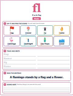 First page of Phonics: fl, Pre-A1 phonics sheet