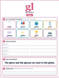 First page of Phonics: gl, Pre-A1 phonics sheet