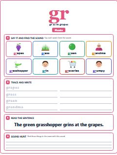 First page of Phonics: gr, Pre-A1 phonics sheet