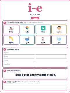 First page of Phonics: i-e, Pre-A1 phonics sheet