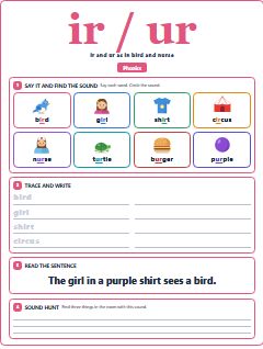 First page of Phonics: ir / ur, Pre-A1 phonics sheet