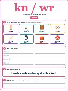 First page of Phonics: kn / wr, Pre-A1 phonics sheet
