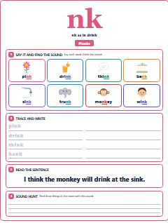 First page of Phonics: nk, Pre-A1 phonics sheet