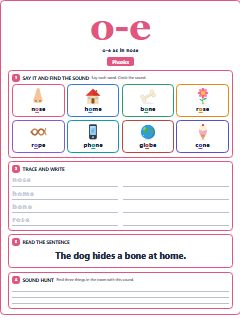 First page of Phonics: o-e, Pre-A1 phonics sheet