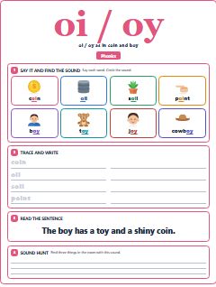 First page of Phonics: oi / oy, Pre-A1 phonics sheet