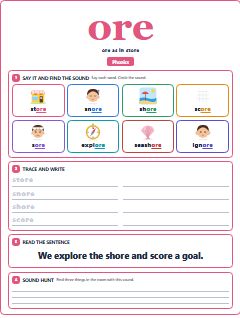 First page of Phonics: ore, Pre-A1 phonics sheet
