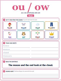 First page of Phonics: ou / ow, Pre-A1 phonics sheet
