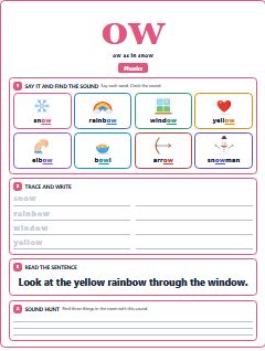 First page of Phonics: ow, Pre-A1 phonics sheet