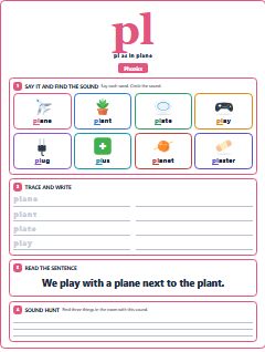 First page of Phonics: pl, Pre-A1 phonics sheet