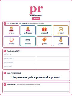 First page of Phonics: pr, Pre-A1 phonics sheet