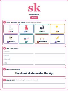 First page of Phonics: sk, Pre-A1 phonics sheet