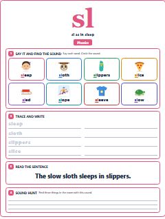 First page of Phonics: sl, Pre-A1 phonics sheet