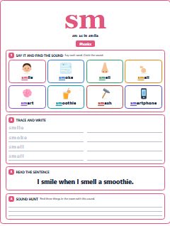First page of Phonics: sm, Pre-A1 phonics sheet