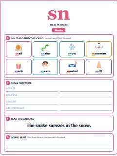 First page of Phonics: sn, Pre-A1 phonics sheet