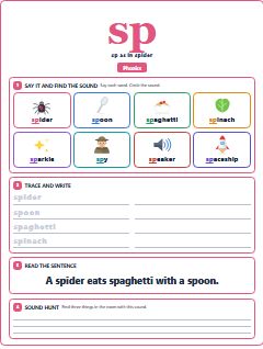 First page of Phonics: sp, Pre-A1 phonics sheet
