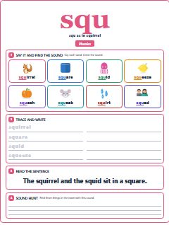 First page of Phonics: squ, Pre-A1 phonics sheet