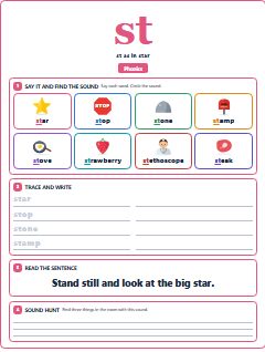 First page of Phonics: st, Pre-A1 phonics sheet