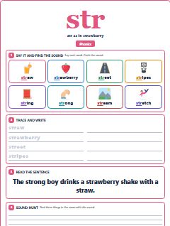 First page of Phonics: str, Pre-A1 phonics sheet