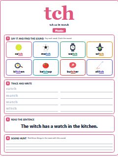 First page of Phonics: tch, Pre-A1 phonics sheet