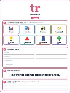 First page of Phonics: tr, Pre-A1 phonics sheet