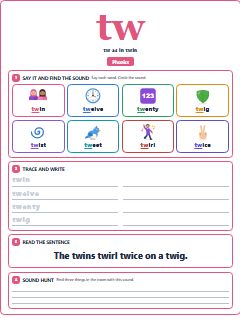 First page of Phonics: tw, Pre-A1 phonics sheet