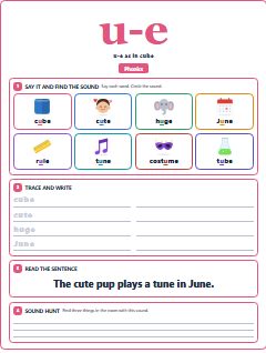 First page of Phonics: u-e, Pre-A1 phonics sheet