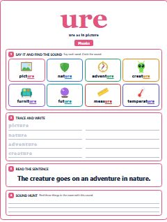 First page of Phonics: ure, Pre-A1 phonics sheet