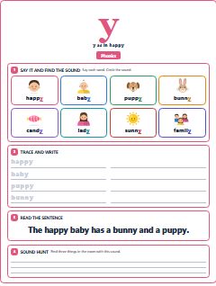 First page of Phonics: y, Pre-A1 phonics sheet