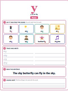 First page of Phonics: y, Pre-A1 phonics sheet