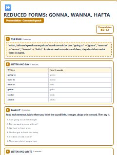 First page of Reduced Forms: gonna, wanna, hafta, B2 phonics sheet